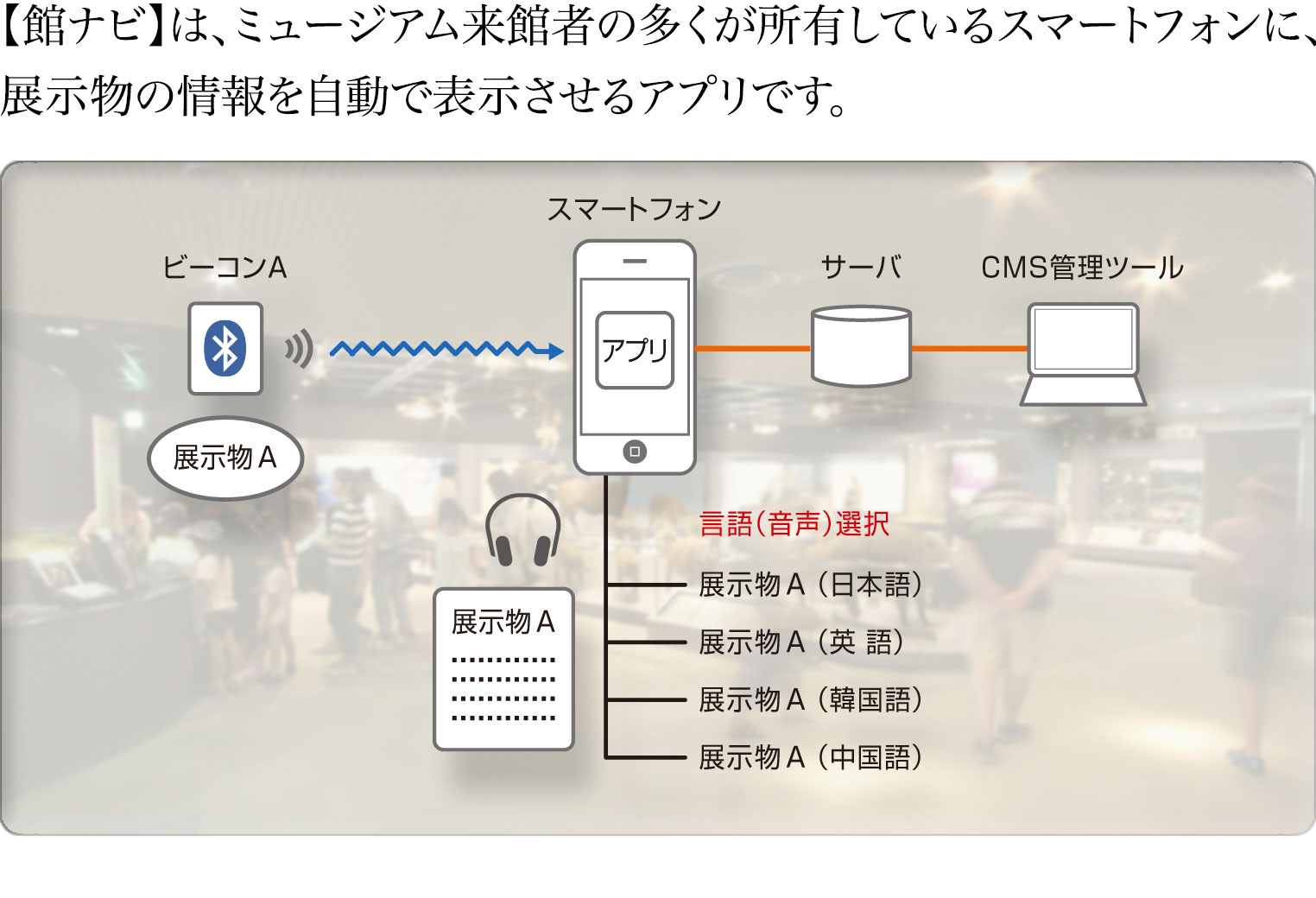 【館ナビ】は、ミュージアム来館者の多くが所有しているスマートフォンに、展示物の情報を自動で表示させるアプリです。